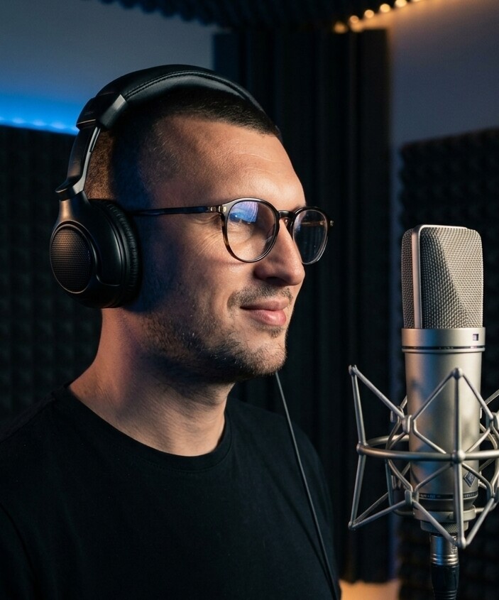 Portret Milinka Mileta Vasiljevića, istaknutog srpskog novinara, audio producenta i voice-over umetnika, zabeležen u profesionalnom okruženju vokalnog studija.